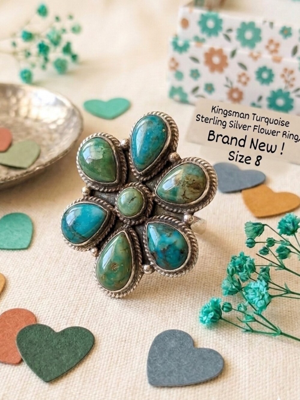 ✨ Kingman Turquoise Sterling Silver Flower Ring 15.78 G   Size 8